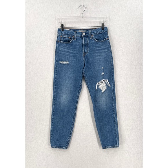 LEVIS Jeans Womens 28 Blue Wedge High Rise Slim Straight Distressed Medium Wash - Picture 1 of 15
